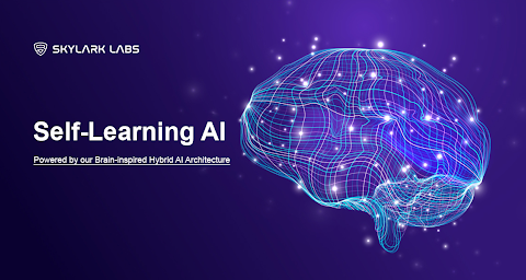 Self-Learning AI concept graphic with a glowing blue digital brain and neural network on a purple background