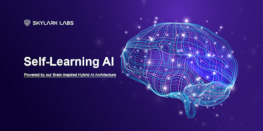 Self-Learning AI concept graphic with a glowing blue digital brain and neural network on a purple background